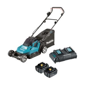 Makita 18V X2 (36V) LXT Li-ion 43 cm Cordless Lawn Mower with Rapid Charger & 2 Pcs 5.0Ah Batteries, DLM432CT2