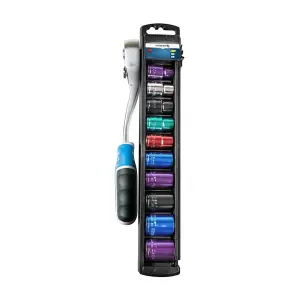 Hogert 10 Pcs 1/2 Inch Color Coded Socket Set With Ratchet Handle, HT1R382