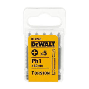Dewalt PH1 x 50 mm Length Phillips Torsion Screwdriver Bits With Extra Grip (Pack of 5 Pcs), DT7245-QZ