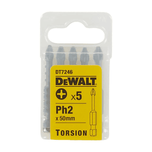 Dewalt PH2 x 50 mm Length Phillips Torsion Screwdriver Bits With Extra Grip (Pack of 5 Pcs), DT7246-QZ
