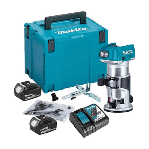 Makita 18V LXT BL 6 mm (1/4") / 8 mm (5/16") Cordless Variable Speed Trimmer with Dual LED Lights, Rapid Charger & 2 Pcs 3.0Ah Batteries, DRT50RFJ
