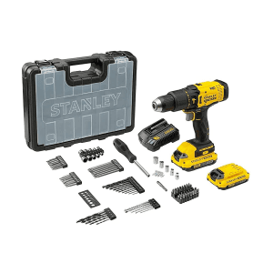 Stanley 20V / 2.0 Ah / 13 mm Cordless Brushed Hammer Drill With 100 Pcs Accessories Kit (2 Batteries & Charger Included) (FATMAX), SCD711D2KA