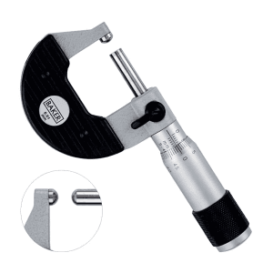 Baker 0 - 25 mm Spherical Hardened Steel Anvil & Flat Carbide Spindle Face Tube Micrometer, MMC25 - T1