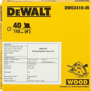 Dewalt 4 inch / 110 mm TCT Circular Saw Blade For Cutting MDF Plywood & Laminated Wood (40 Teeth), DW03410-IN