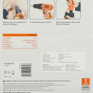 Black+Decker 12V / 10mm Ni-Cd Cordless Variable Speed Drill (with 2 Pcs Batteries), CD121B2-IN