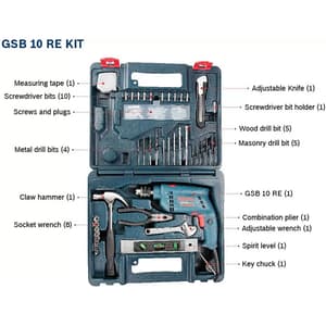 Bosch 10mm 500W Professional Impact Drill With 100 pcs Power & Hand Tool Kit, GSB 10 RE KIT