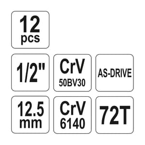 Yato 12 Pcs 1/2 Inch Sq. Drive Socket Set, YT-12621