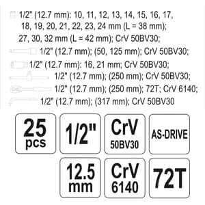 Yato 25 Pcs 1/2 Inch Sq. Drive Socket Set, YT-12671