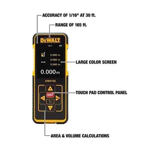 Dewalt 50M 165 Ft. Laser Distance Measurer For Distance Area & Volume Measurement with Colour Screen, DW0165N