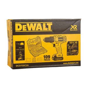 Dewalt 12V / 10 mm XR Li-ion Cordless Impact Drill Driver Machine With 2 x 1.3 Ah Batteries & 109 Pcs Accessory Kit, DCD700C2A-IN