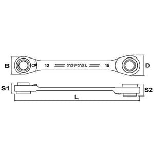 Toptul 16 x 19 mm - 17 x 18 mm Pro - Series 4 - In - 1 Ratchet Double Ring Wrench (72 Teeth Ratchet Mechanism), ABAD1619