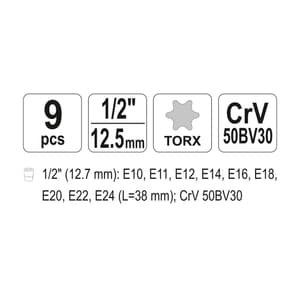 Yato 9 Pcs 1/2 Inch Sq. Drive Torx Socket Set, YT-0521
