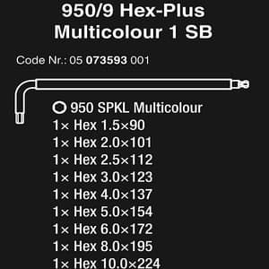 Wera 950 / 9 Pcs Hex-Plus Multicolour 1 SB L-key Set Metric BlackLaser, 05073593001