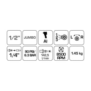 Hogert 1/2 inch Pneumatic Mini Impact Wrench (Max. Torque 1000 Nm), HT4R621