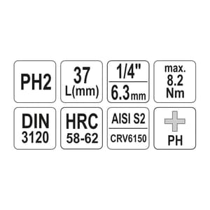 Yato PH2, 1/4 Inch Sq. Drive Phillips Bit Sockets, YT-04412