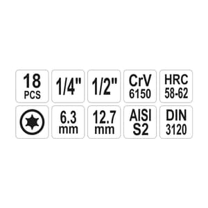 Yato 18 Pcs 1/2 &1/4 Inch Sq. Drive Torx Socket Bit Set, YT-7751