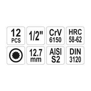 Yato 12 Pcs 1/2 (12.7 mm) Inch Sq. Drive Hex Spline Socket Bit Set, YT-7753