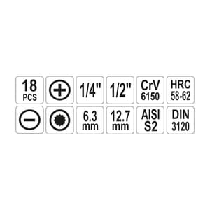 Yato 18 Pcs 1/2 & 1/4 Inch Sq. Drive Socket Bit Set, YT-7750