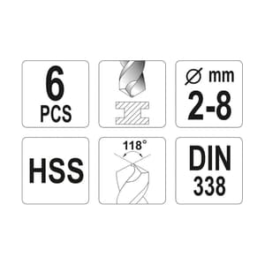 Yato 2 - 8 mm HSS Twist Drill Bits Set (6 Pcs), YT-4460