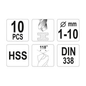 Yato 1 - 10 mm HSS Twist Drill Bits Set (10 Pcs), YT-4461
