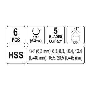 Yato 1/4 inch Sq. Drive HSS Countersink For Metal (Pack Of 6 Pcs), YT-44729