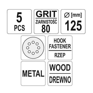 Yato 125 mm / 80 Grit 8 Holes Velcro Abrasive Disc (Pack of 5 Pcs), YT-83453