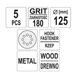 Yato 125 mm / 180 Grit 8 Holes Velcro Abrasive Disc (Pack of 5 Pcs), YT-83457