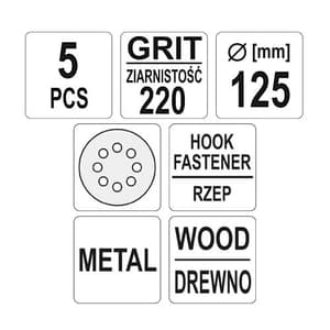Yato 125 mm / 220 Grit 8 Holes Velcro Abrasive Disc (Pack of 5 Pcs), YT-83458