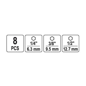 Yato 8 Pcs Hex Socket Adapter Set (1/4, 3/8, 1/2 Inch Sq. Drive), YT-04639