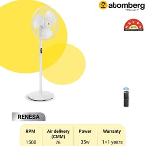 Atomberg Renesa Pedestal Fan 400 mm BLDC Motor Energy Saving With Remote Control (White)