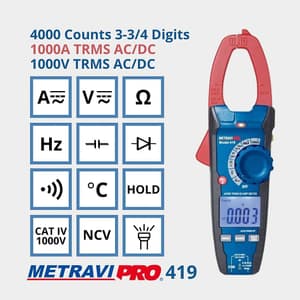 Metravi 3-3/4 Digit / 1000V Digital TRMS AC/DC Clamp Meter, Pro 419