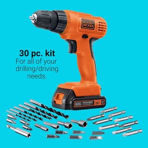 Black+Decker 20V / 10mm Cordless Drill Driver With 1x 1.5Ah Li-ion Battery & 30 Pcs Kit, LD120VA-IN