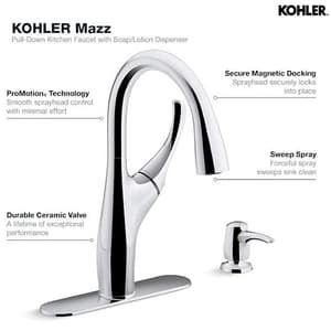 Kohler Mazz 2-Hole Kitchen Faucet With 15-1/2" Pulldown Spout & Soap Dispenser In Polished Chrome Finish, K-72511IN-SD-CP