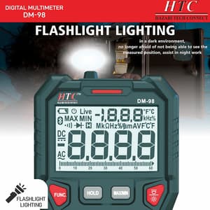 HTC 3-5/6 Digit / 6000 Count True RMS Digital Multimeter With Double Color Backlight & Dual LCD With Bargraph, DM-98