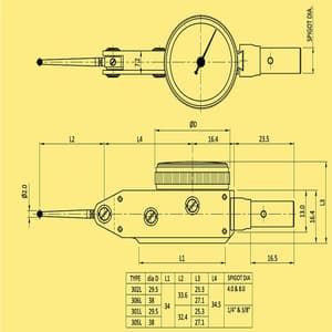 Baker 0.03 inch Lever Type Dial Gauge With Long Stylus (Model 29), 301AL