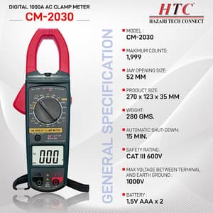 HTC 3-1/2 Digit / 1000A AC Clamp Meter With Backlight Manual Range (True RMS), CM-2030