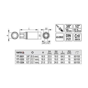 Yato 16 mm Spark Plug Socket (3/8 inch Sq.Drive), YT-3851