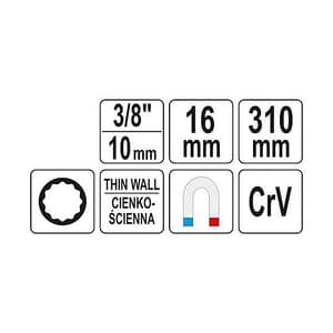 Yato 16 mm Long Universal Spark Plug Socket (3/8 Inch Sq. Drive), YT-08164