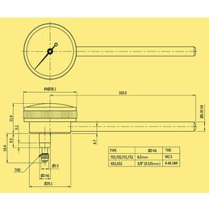 Baker 2.0 mm Back Side Plunger Dial Gauge (Model 38), F01