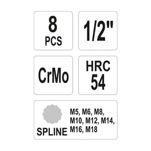 Yato 8 Pcs Spline Impact Bit Socket Set (1/2 inch Sq. Drive), YT-1069