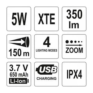 Yato 5W XT-E Cree Rechargable Flashlight (With USB Port), YT-08569
