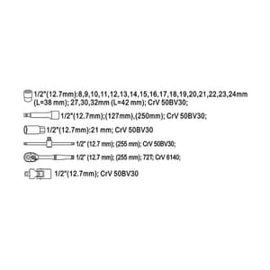 Yato 26 Pcs 1/2 Inch Sq. Drive Socket Set, YT-38752