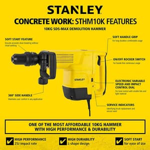 Stanley 10kg 1600W SDS Max Demolition Hammer With Kitbox & Chisel, STHM10K-IN