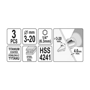 Yato 3-20 mm Step Drill Bit Set (3 Pcs), YT-44731