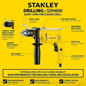 Stanley 13mm 600W Impact Hammer Drill Machine For Drilling Wood, Steel & Masonry, SDH600-IN