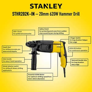 Stanley 20mm 620W 2 Mode SDS Plus Rotary Hammer With Kitbox, STHR202K-IN