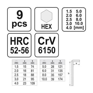 Yato 1.5 mm - 10 mm Hex Key Set CRV (9 Pcs), YT-0500
