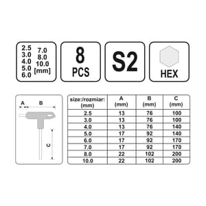 Yato 2.5 mm - 10 mm T-Handle Hex Key Set, YT-05583