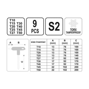 Yato T10 - T50 T-Handle Torx Key Set, YT-05615