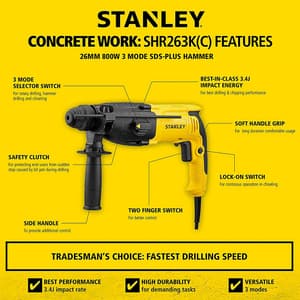 Stanley 26mm 800W 3 Mode SDS Plus Corded Rotary Hammer With Kitbox, SHR263K-IN